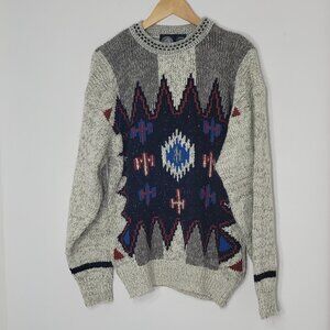 Hang Ten Vintage Ivory Gray Blue Grandpa Geometric Crew Neck Pullover Sweater L